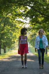Zwei Frauen gehen einen von Bäumen gesäumten Weg entlang. - MINF01213