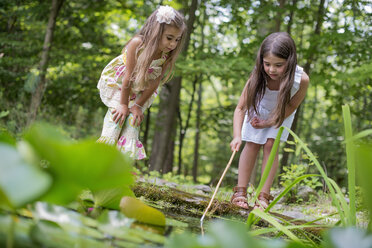 Zwei Mädchen spielen an einem Teich in einem Wald. - MINF01309