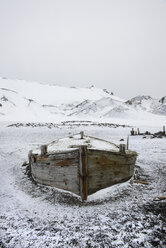 A wooden boat hull beached on Deception island, a former whaling station. - MINF01461