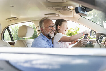 Little girl sitting on lap of grandfather, pretending to steer the car - UUF14568