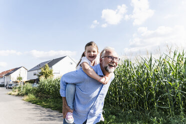 Grandfather carrying granddaughter piggyback - UUF14580