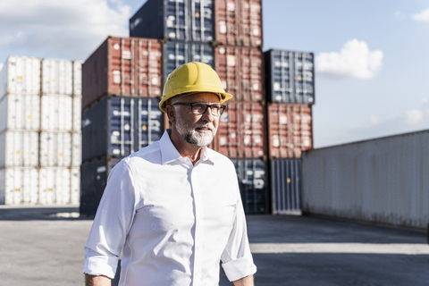 Geschäftsmann im Frachthafen, mit Schutzhelm, Porträt, lizenzfreies Stockfoto