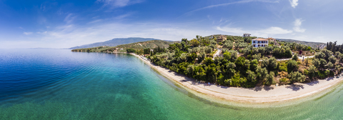 Griechenland, Ägäisches Meer, Pagasetischer Golf, Luftaufnahme von Afissos, Strand, lizenzfreies Stockfoto