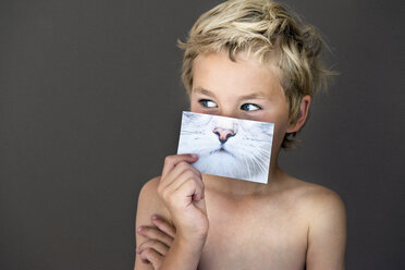 Boy holding picture of cat over face - ISF16976