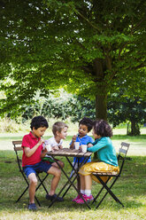 Vier Kinder sitzen um einen Tisch auf einer Wiese. - MINF01915