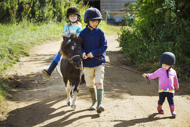 Ein Junge, ein Kleinkind und ein Mädchen reiten auf einem Pony über einen Feldweg. - MINF01924