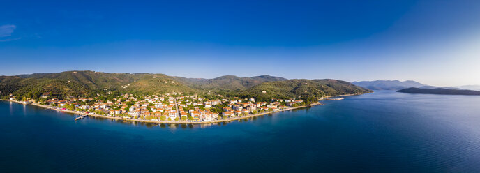 Greece, Aegean Sea, Pagasetic Gulf, Peninsula Pelion, Aerial view of Milina in the evening - AMF05884