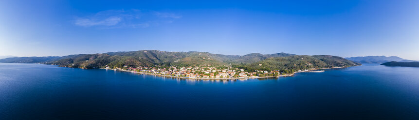 Greece, Aegean Sea, Pagasetic Gulf, Peninsula Pelion, Aerial view of Milina in the evening - AMF05885