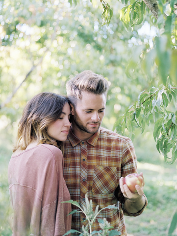 Apple orchard. A couple standing by an apple tree, holding an apple. stock photo