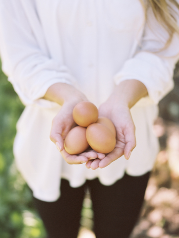 Apfelplantage, Frau hält frische Eier., lizenzfreies Stockfoto