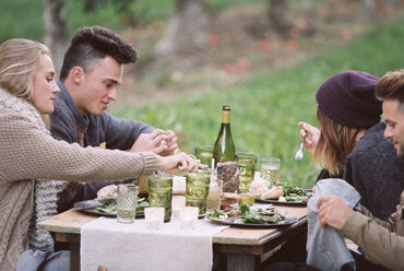 Apple orchard. Group of people sitting on the ground, food and drink on a table. - MINF02286