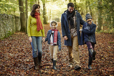 A family walking hand in hand in beech woods in autumn. - MINF02457