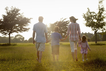 Eine Familie, zwei Eltern und zwei Kinder, die im Sommer Hand in Hand über eine Wiese laufen. - MINF02501