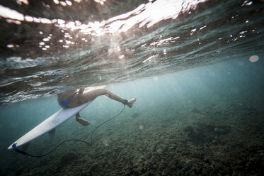 Surfer sitting on board in water - ISF17612