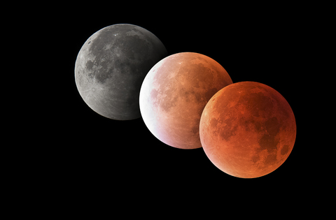 Various phases of a total lunar eclipse, blood moon, astrophotography stock photo