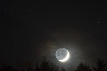 Deutschland, Hessen, Hochtaunuskreis, Mond mit grauem Licht, der über Bäumen mit Sternen im Hintergrund aufgeht - THGF00051
