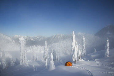 Ein leuchtend orangefarbenes Zelt zwischen schneebedeckten Bäumen, auf einem verschneiten Bergrücken mit Blick auf einen Berg in der Ferne. - MINF02936