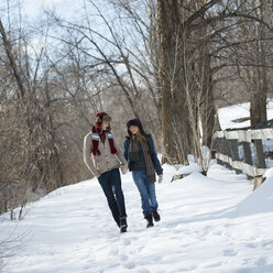 Winterlandschaft mit Schnee auf dem Boden, ein Paar geht Hand in Hand einen Weg entlang. - MINF02958