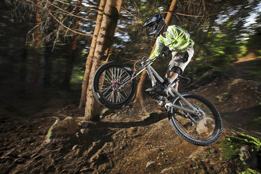 Mountainbiker in der Luft über dem Waldweg - ISF18044