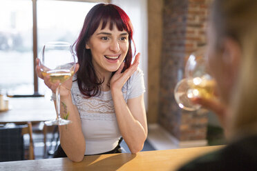 Fröhliche Freundinnen, die zu Hause Weißwein trinken - AWF00150