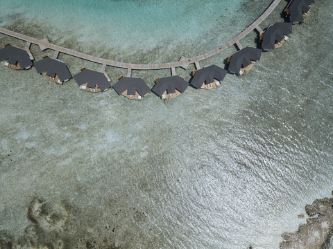 Maldives, Aerial view of water bungalows stock photo