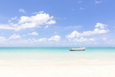 Mauritius, Grand Port District, Pointe d'Esny, sailing boat in turquoise water, blue sky and clouds - MMAF00422