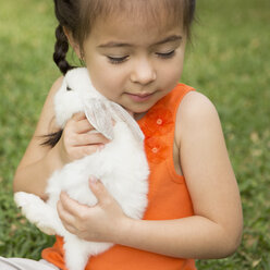Ein Kind hält ein großes weißes Kaninchen. - MINF03002