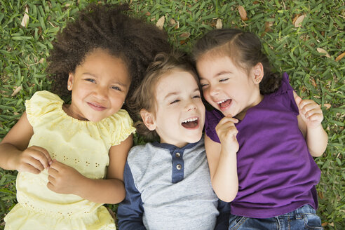Drei Kinder liegen auf dem Rücken im Gras, schauen auf und lachen. - MINF03023