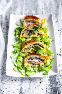 Swiss roll, puff pastry with sausage meat, cheese, onion, parsley and salad on plate - SARF03865
