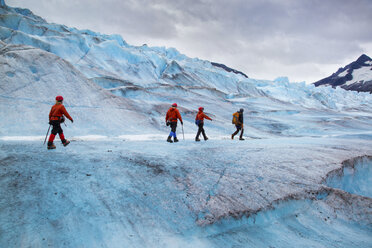 Vier Personen beim Wandern auf dem Mendenhall-Gletscher, Alaska, USA - ISF19544