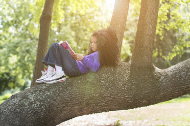 Young girl lying on tree branch reading book - ISF19548