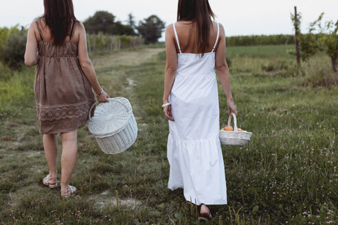 Freunde auf dem Weg zum Weinberg mit Picknick-Körben - MAUF01590