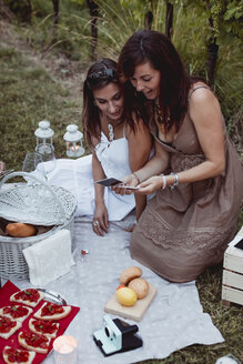 Freunde beim Picknick in einem Weinberg beim Betrachten von Fotos - MAUF01628
