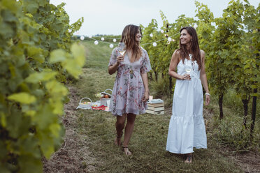 Junge Frauen gehen im Weinberg spazieren, machen ein Picknick und trinken Wein - MAUF01639