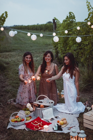Freunde machen ein Picknick in einem Weinberg und zünden Wunderkerzen an, lizenzfreies Stockfoto