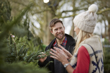 Ein Mann und eine Frau diskutieren und wählen einen traditionellen Tannenbaum, einen Weihnachtsbaum. - MINF03394