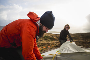 Zwei Männer, die ein kleines Zelt auf freiem Feld aufstellen und halten - wildes Camping. - MINF03660