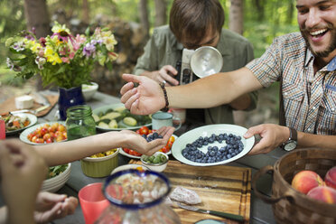 Eine Gruppe von Freunden versammelte sich an einem Tisch im Freien und teilte sich Gerichte mit frischem Obst und Salaten. - MINF04067