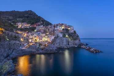 Italy, Liguria, La Spezia, Cinque Terre National Park, Manarola at blue hour - RPSF00216