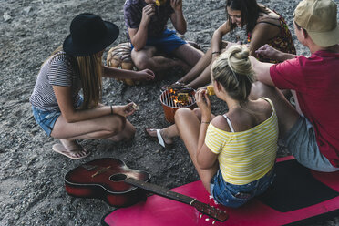 Group of friends sitting together having a barbecue - UUF14835