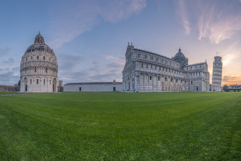 Italy, Tuscany, view of Pisa Baptistery, Pisa Cathedral and Leaning Tower of Pisa at Piazza dei Miracoli at sunset - RPSF00232
