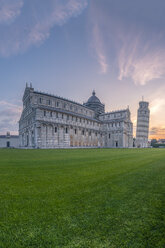 Italy, Tuscany, Pisa, View to Pisa Cathedral and Leaning Tower of Pisa from Piazza dei Miracoli at sunset - RPSF00234