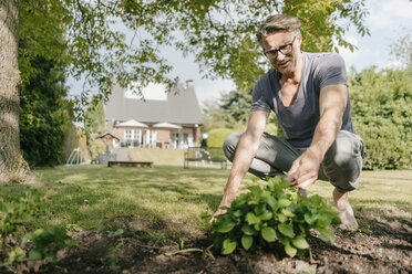 Älterer Mann bei der Gartenarbeit im Garten seines Hauses - JOSF02496