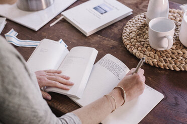 Woman sitting at a table in her apartment, writing in a diary, morning routine. - MINF04614