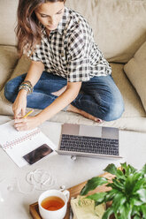 Frau mit langen braunen Haaren sitzt auf einem Sofa mit einem Laptop und einem Notebook und arbeitet. - MINF04627