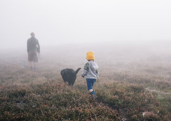 Ein Erwachsener und ein Kind mit einem Hund spazieren durch Heidekraut im Herbstnebel. - MINF04826