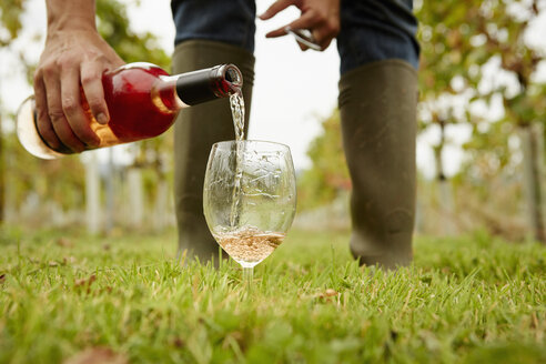 A person pouring rose wine from a bottle into a glass. - MINF04862