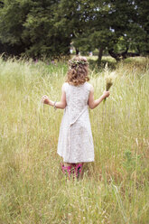 Young girl with flowers in her hair picking wild flowers in a meadow. - MINF04883