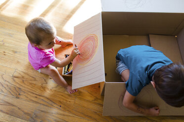 Ein Junge und seine Schwester sitzen auf dem Boden und malen auf einem Karton. - MINF05000