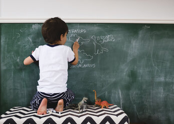 Ein Kind schreibt mit Kreide auf eine Tafel. - MINF05018